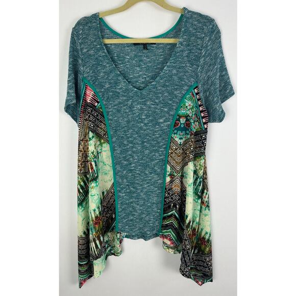 Poeme by Citron Size XL Wearable Art Tunic Top Asymmetrical Hem Blue Colorful - Picture 1 of 11
